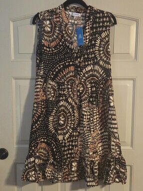 Cupshe S Black Printed Sleeveless Dress with Cream and Rust Accents